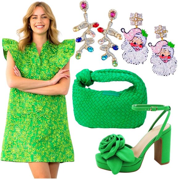 Metallic Green Woven Flutter Sleeve Sadie Shift Dress *WORN ONCE* - Picture 3 of 4